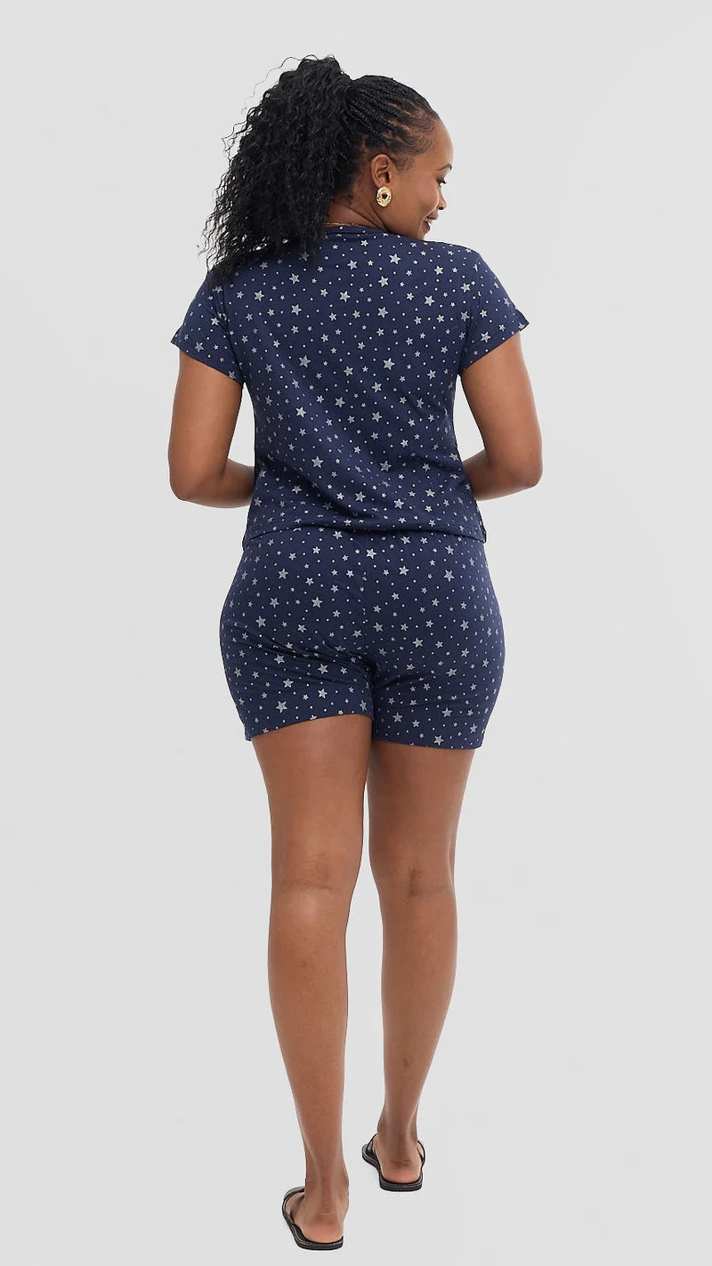 Inroses Star Luxe Lounge Wear Two Piece Short Set - Navy Blue