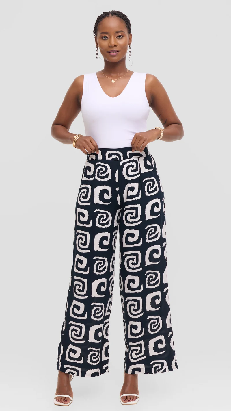 Vivo Samira Pants in Rayon - Black / White Spiral Print