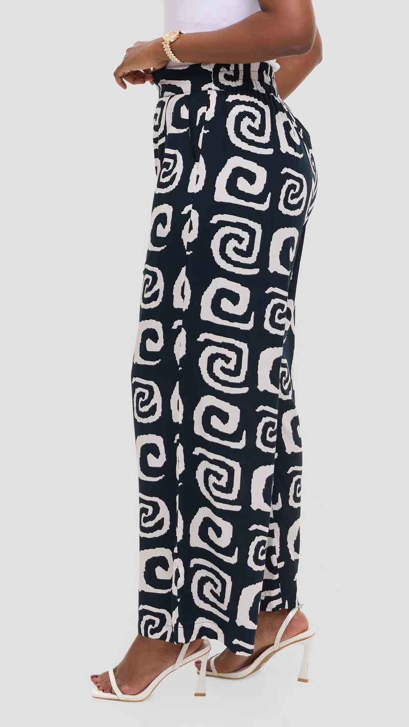 Vivo Samira Pants in Rayon - Black / White Spiral Print