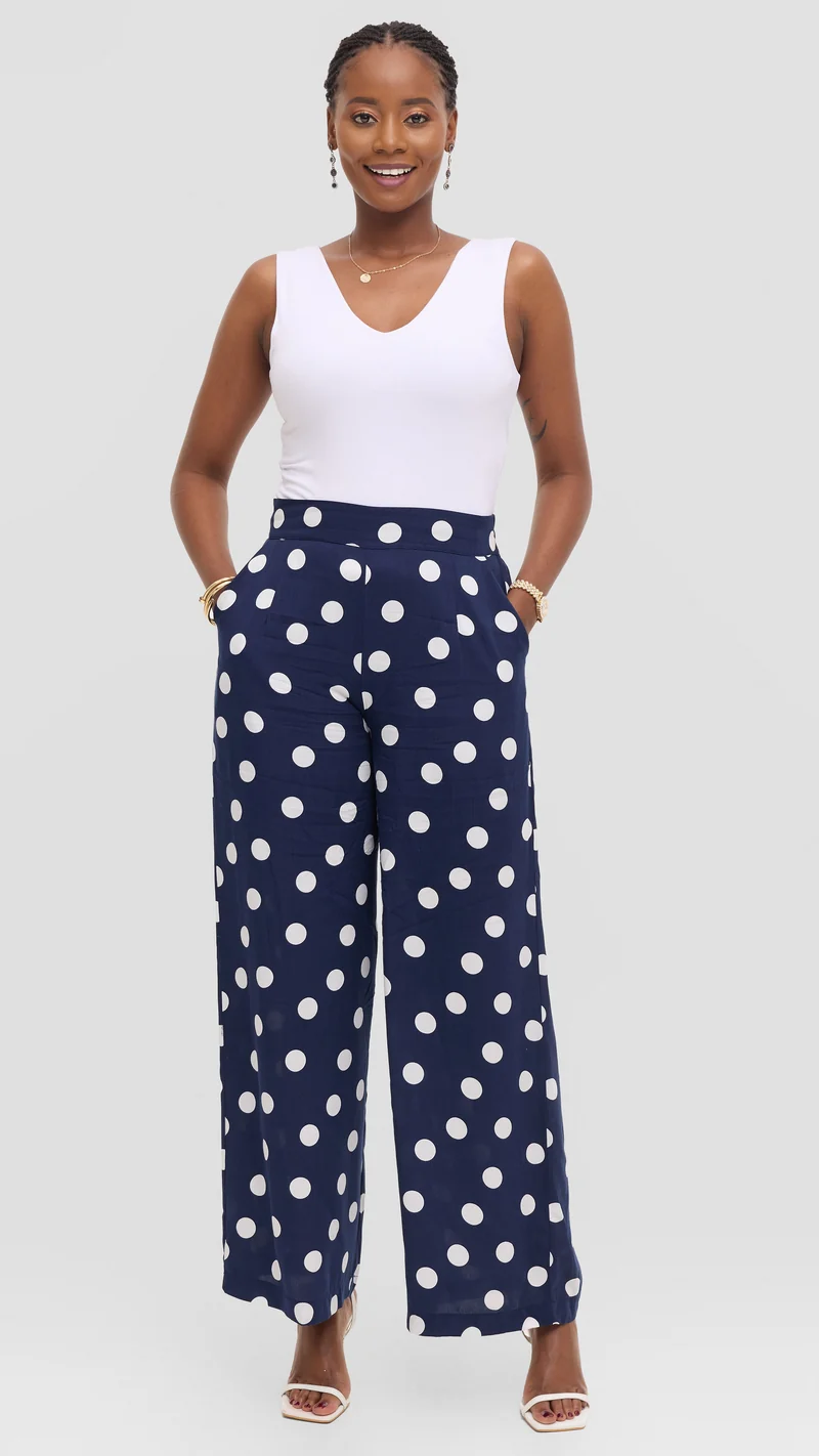 Vivo Samira Pants in Rayon - Navy / White Polka Dot
