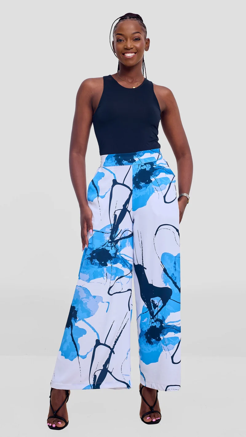 Vivo Liora Wide Leg Pants in Crepe - White / Blue Rozi Print