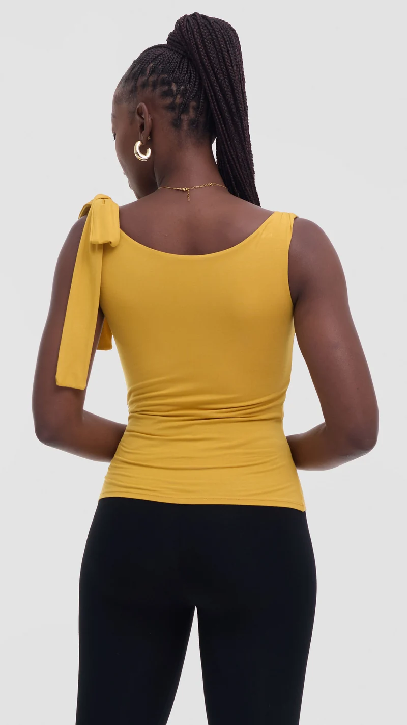 Vivo Studio Shoulder Tie Top in Jersey - Mustard
