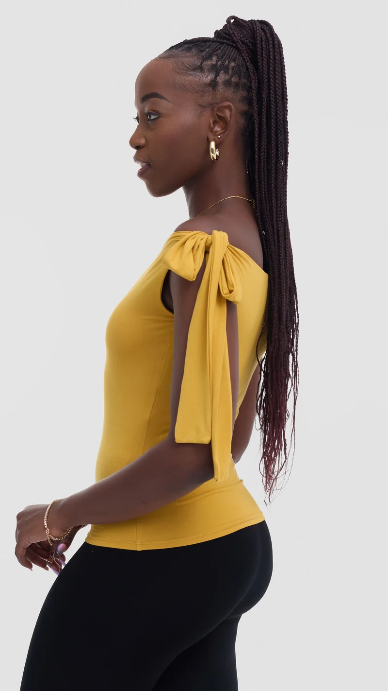 Vivo Studio Shoulder Tie Top in Jersey - Mustard