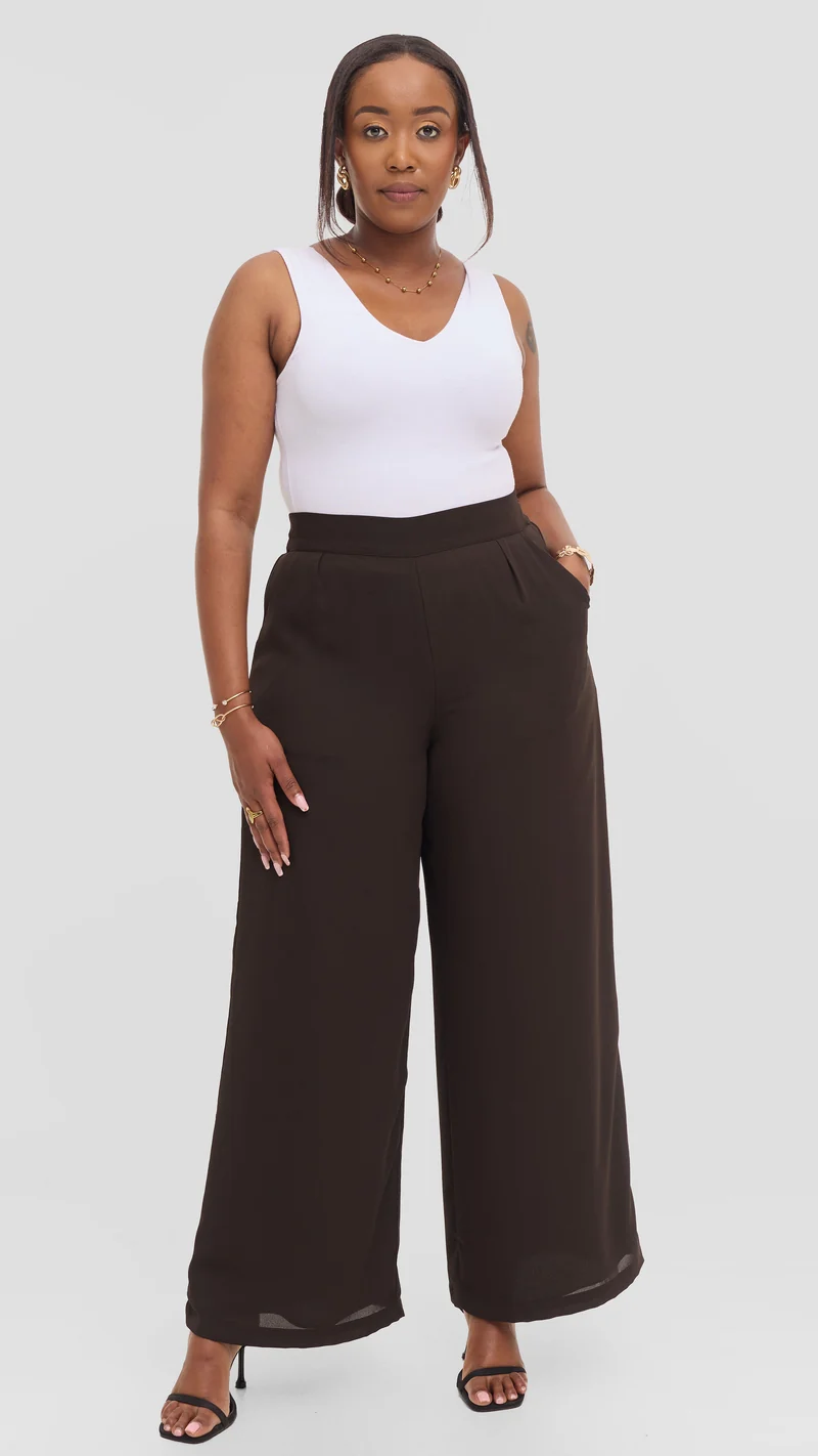 Vivo Asha Wide Leg Pants in Chiffon - Dark Chocolate