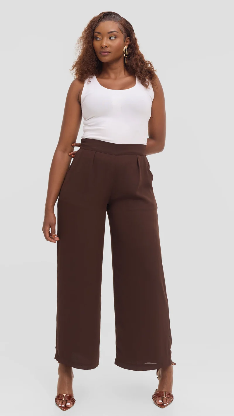 Vivo Asha Wide Leg Pants in Chiffon - Dark Brown