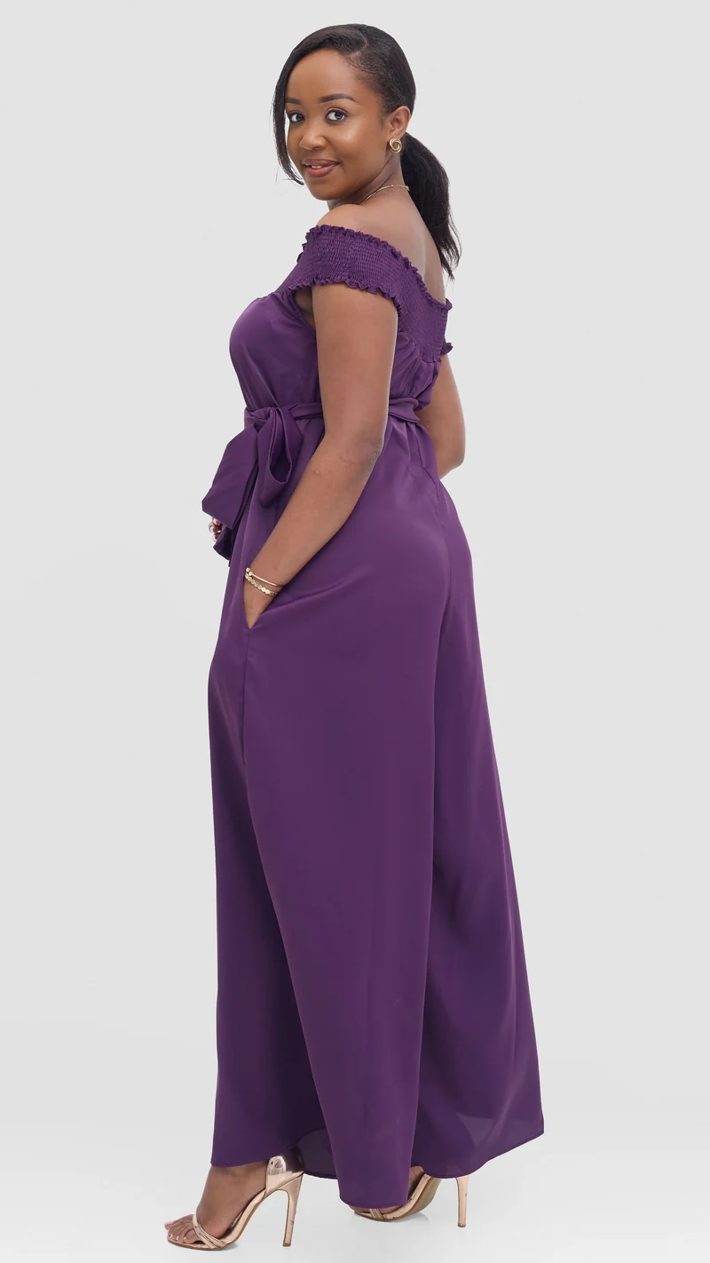 Vivo Alek Shirred Off Shoulder Jumpsuit in Crepe - Purple