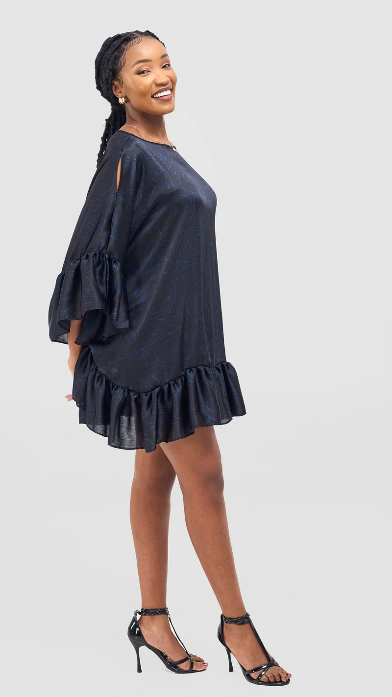 Vivo Chidii Tunic Dress With Frills - Black / Blue Print