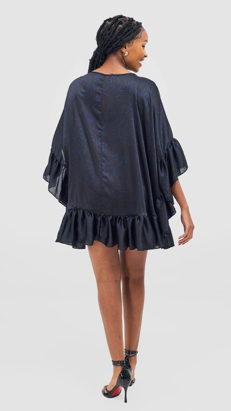 Vivo Chidii Tunic Dress With Frills - Black / Blue Print
