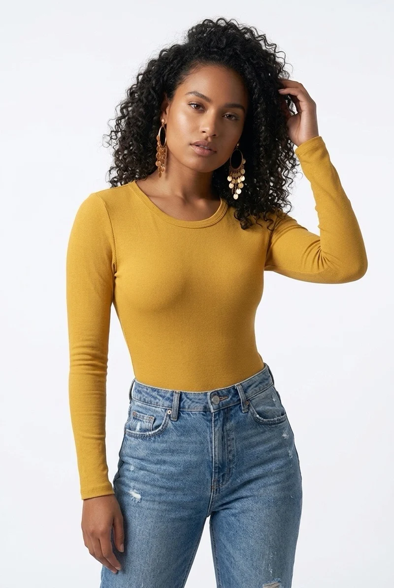 Stylish Sisters Long Sleeve Cotton Scoop Neck Bodysuit - Mustard Yellow
