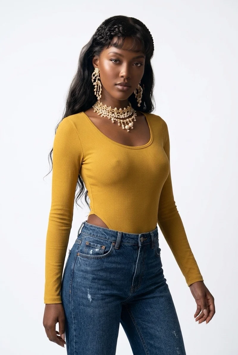 Stylish Sisters Long Sleeve Cotton Scoop Neck Bodysuit - Mustard Yellow