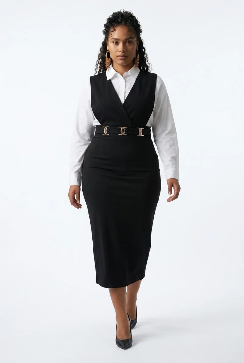 Stylish Sisters Elegant Tailored Bodycon Dress With a Shirt - Black