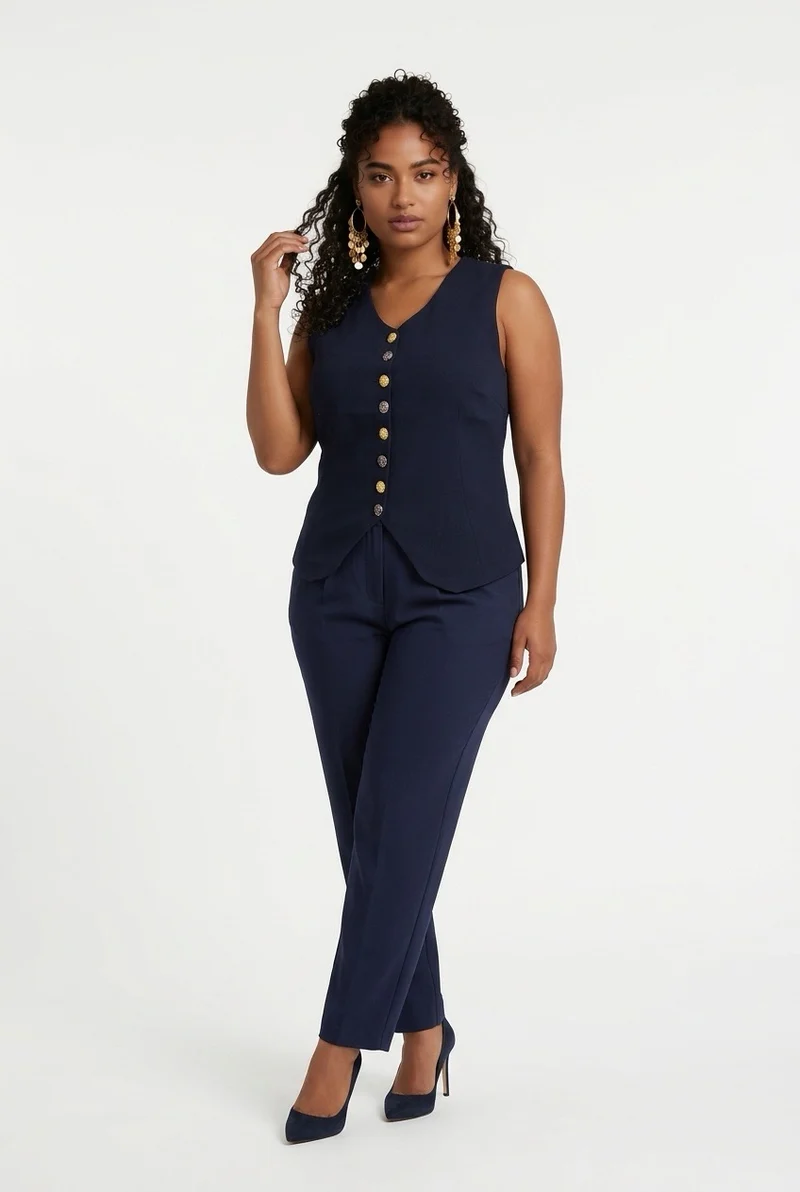 Stylish Sisters Tailored Button-Front Waistcoat Top - Black