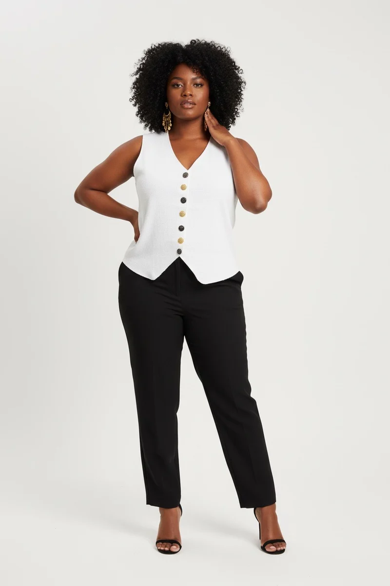 Stylish Sisters Tailored Button-Front Waistcoat Top - White