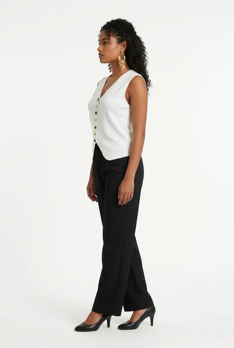 Stylish Sisters Tailored Button-Front Waistcoat Top - White