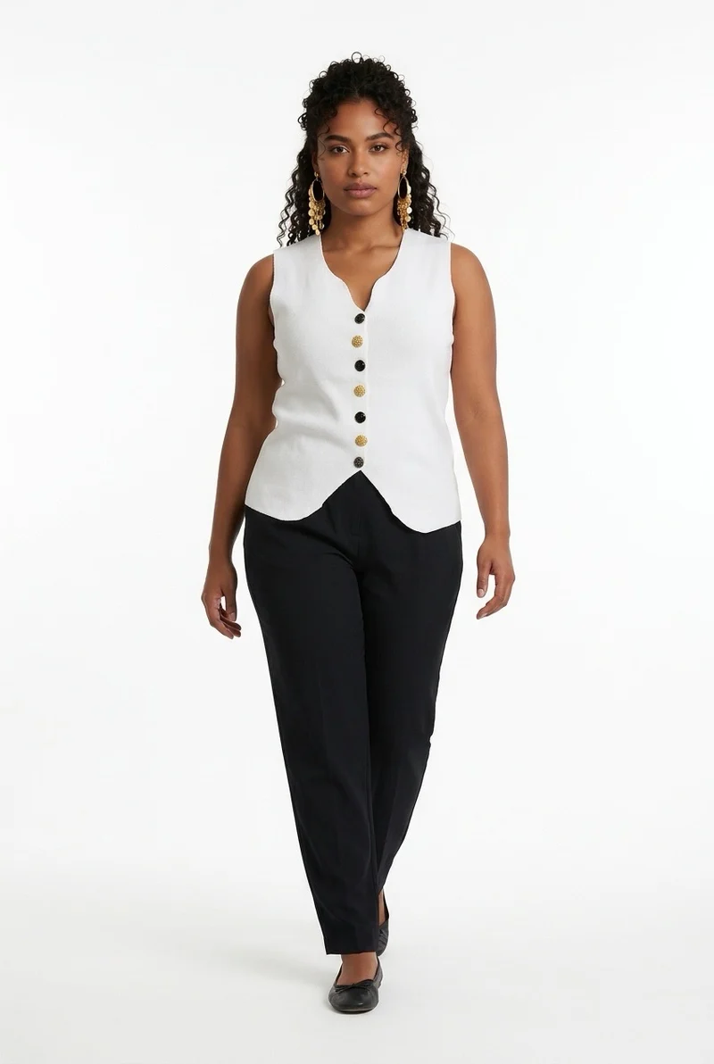 Stylish Sisters Tailored Button-Front Waistcoat Top - White