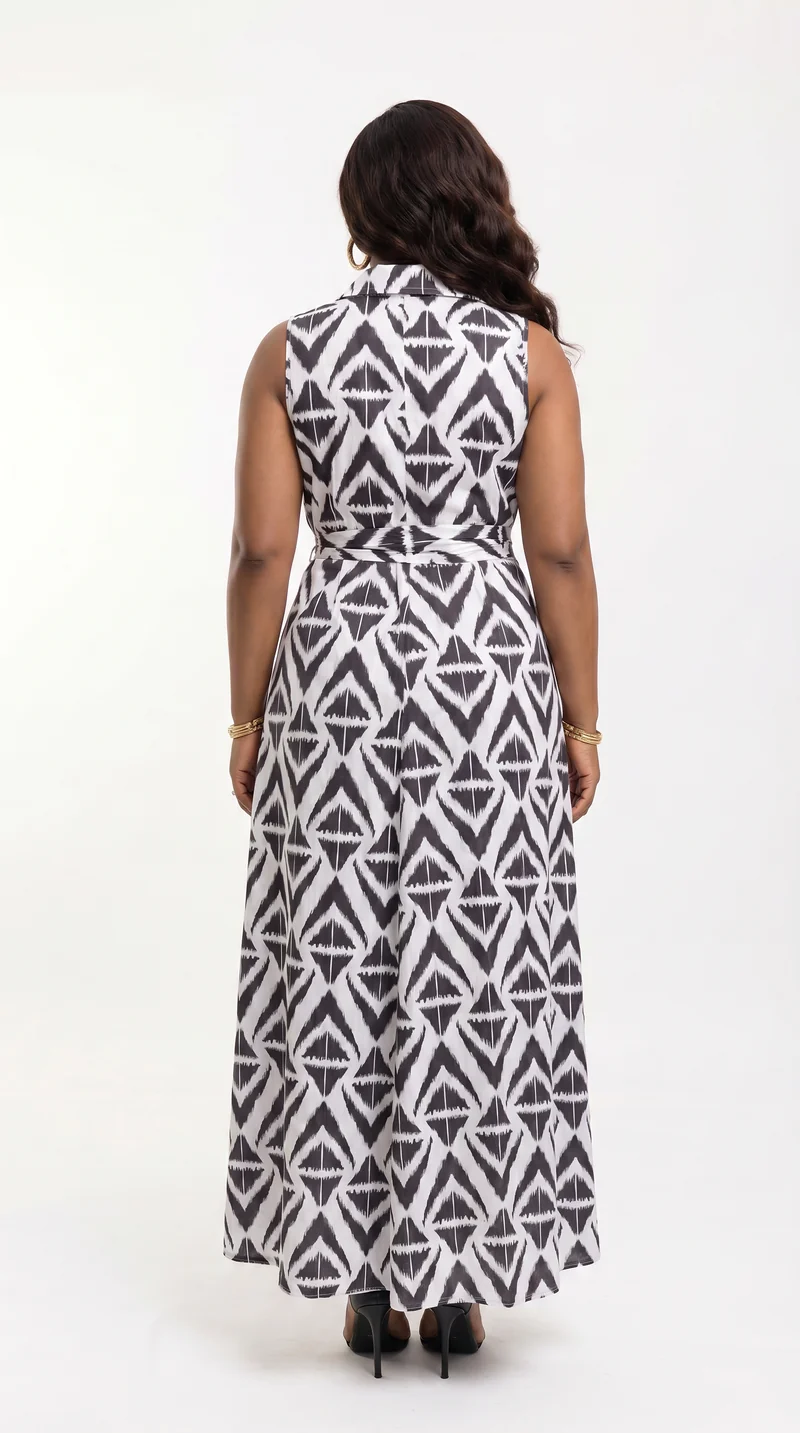 Vivo Sleeveless Maxi Dress in Cotton - Black / White Abstract Print