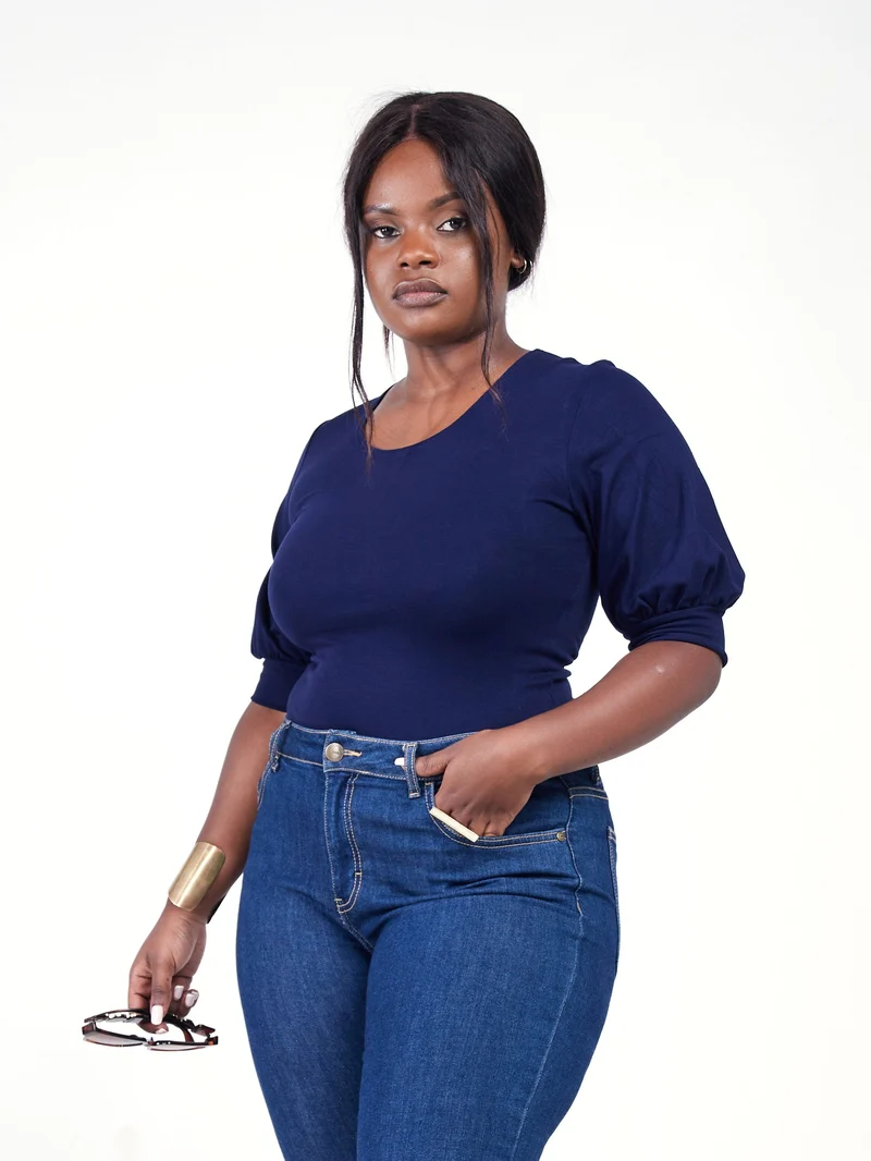 Vivo Tana Puff Sleeve Bodysuit In Jersey- Navy Blue