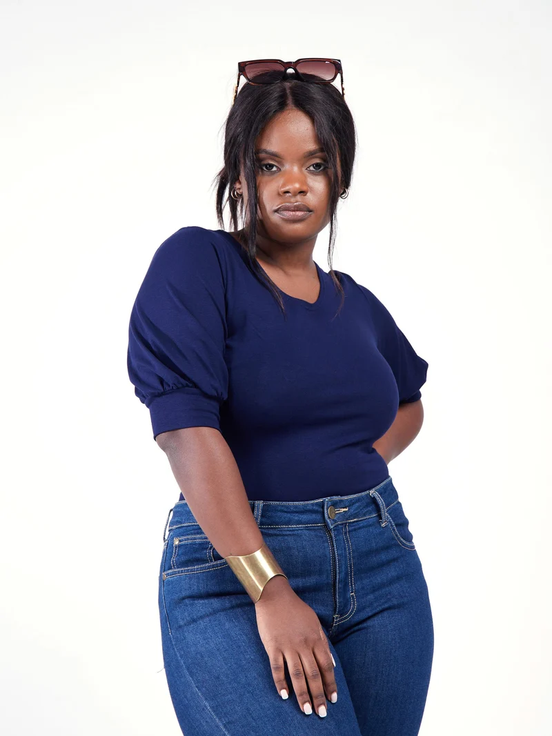 Vivo Tana Puff Sleeve Bodysuit In Jersey- Navy Blue