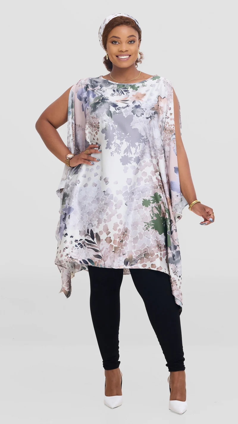 Vivo Knee Length Kaftan in Satin - Off White / Beige Print