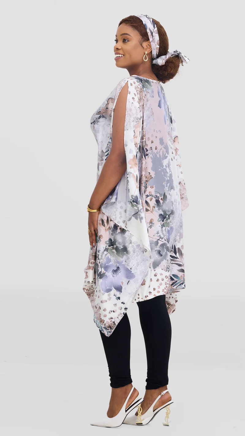 Vivo Knee Length Kaftan in Satin - Off White / Beige Print