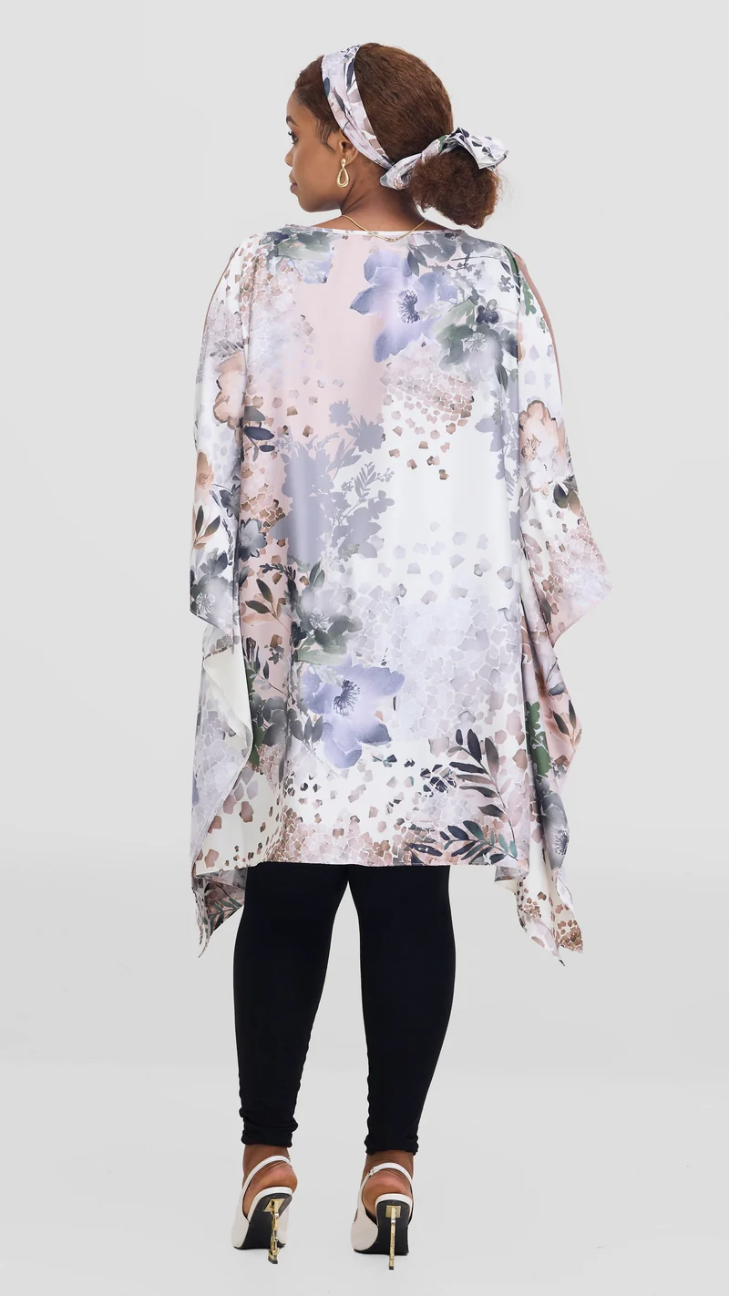 Vivo Knee Length Kaftan in Satin - Off White / Beige Print