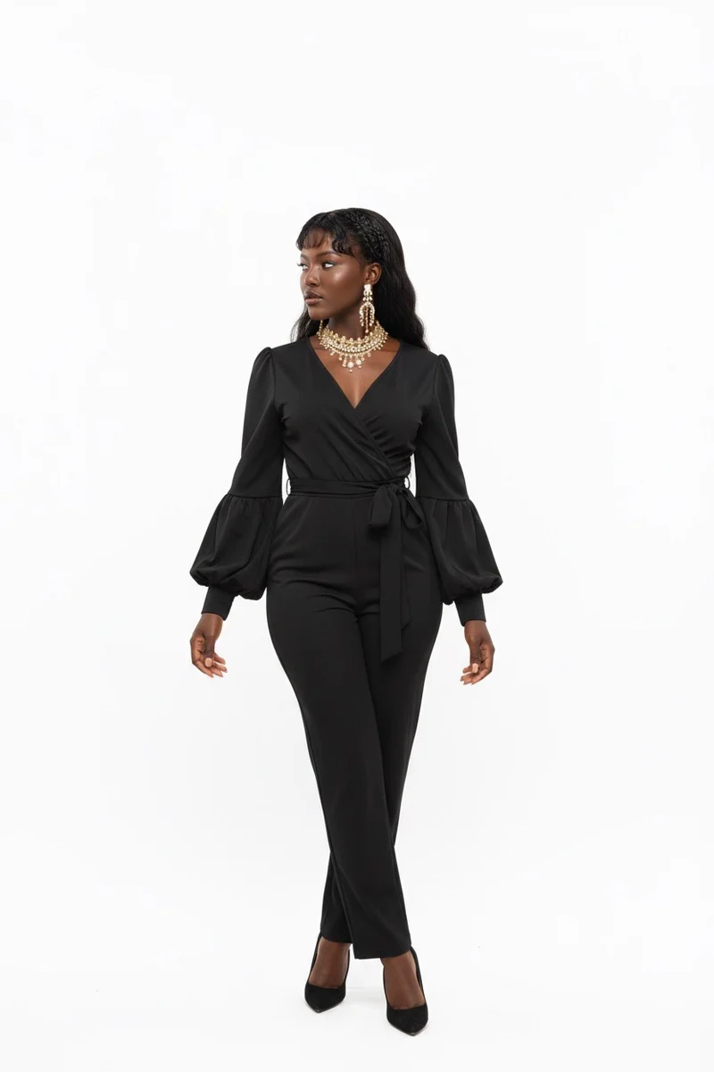 Stylish Sisters V-Neck Long Sleeve Belted Jumpsuit - Black