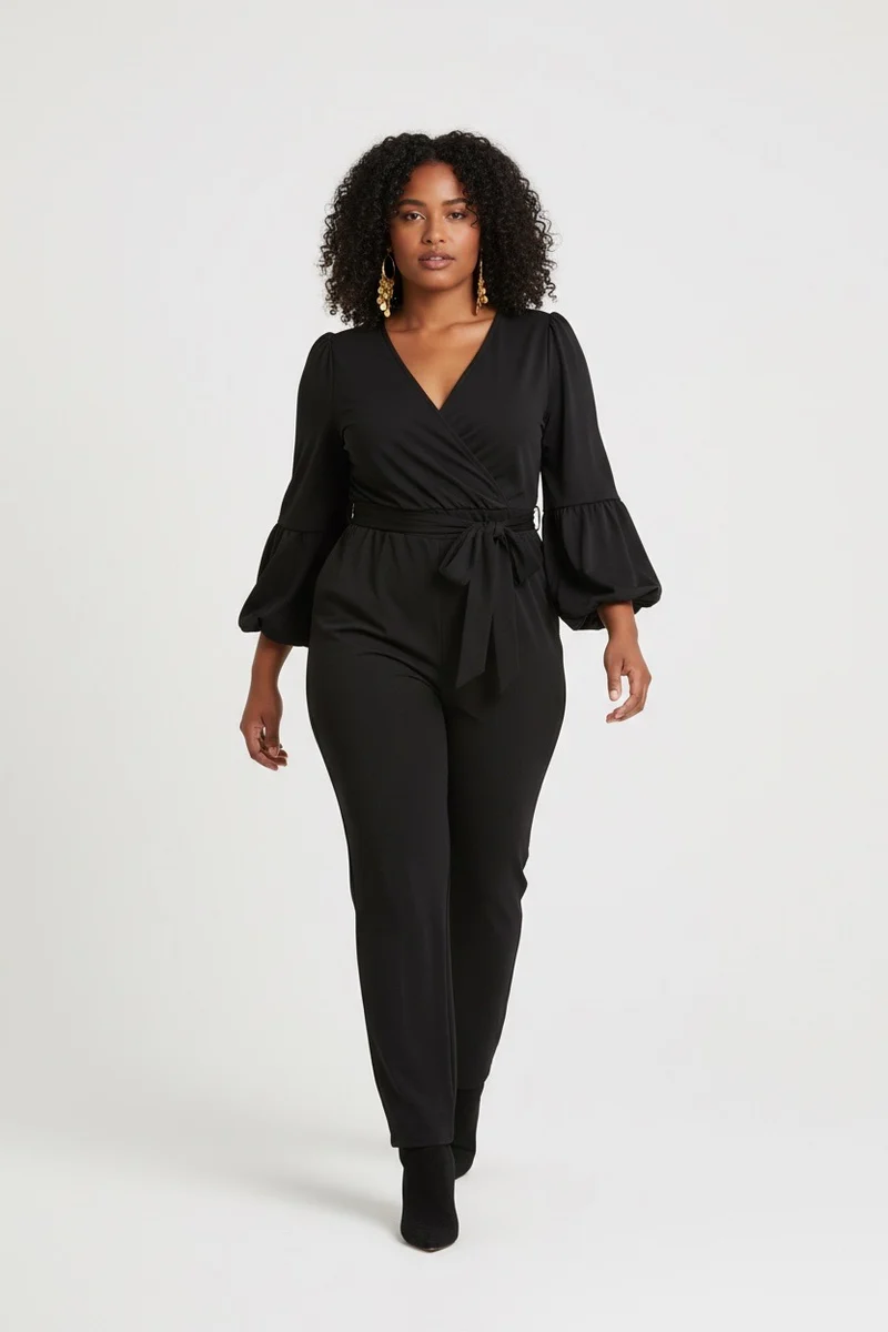 Stylish Sisters V-Neck Long Sleeve Belted Jumpsuit - Black