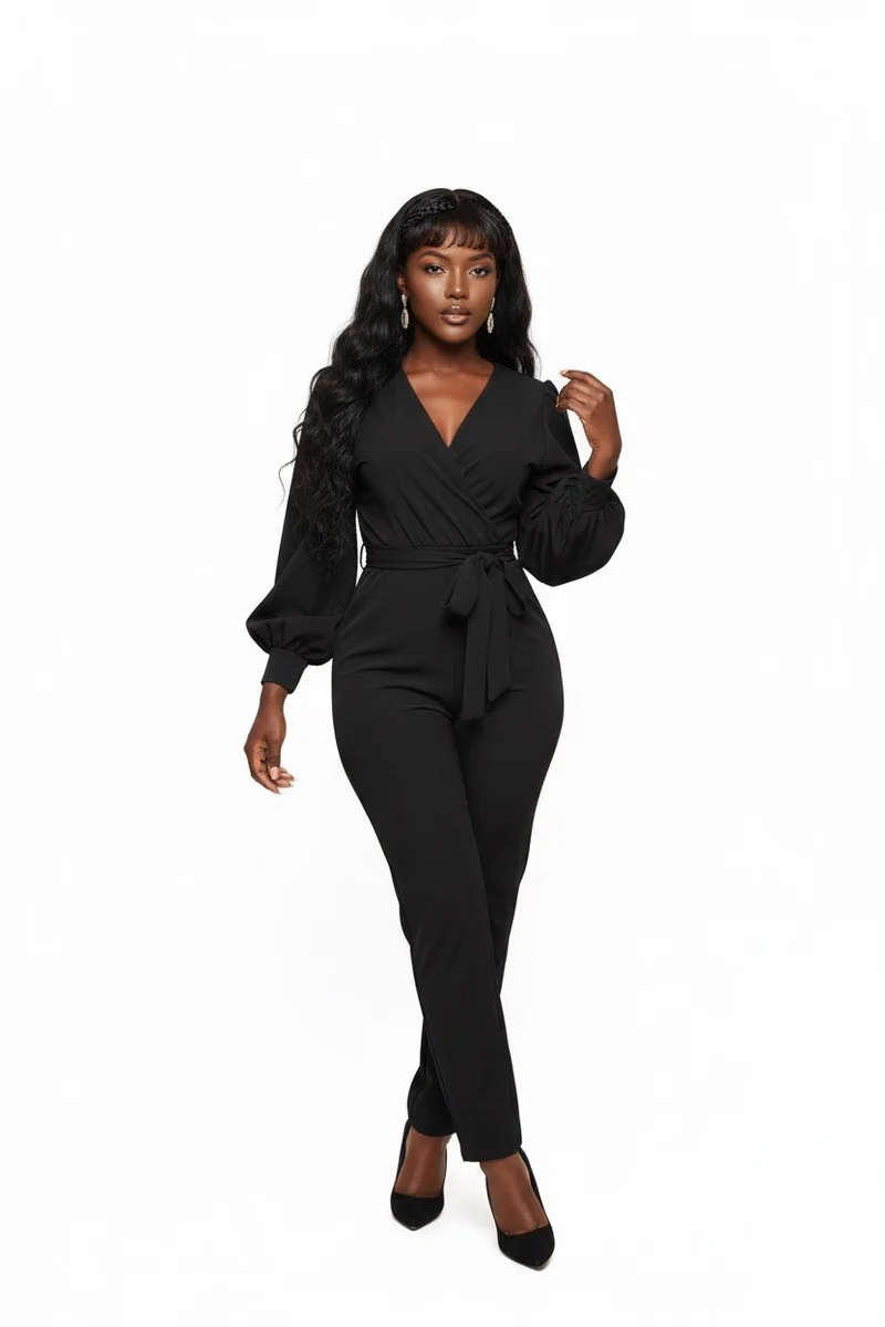 Stylish Sisters V-Neck Long Sleeve Belted Jumpsuit - Black