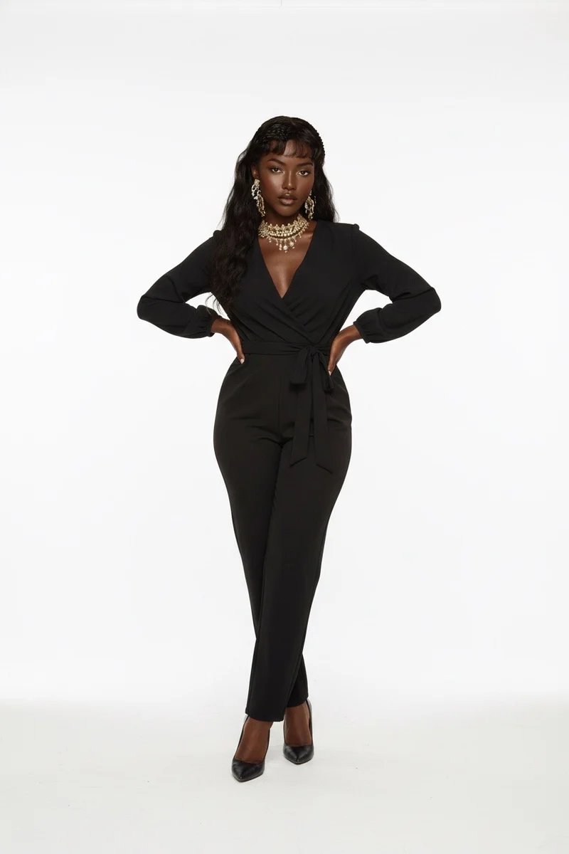 Stylish Sisters V-Neck Long Sleeve Belted Jumpsuit - Black