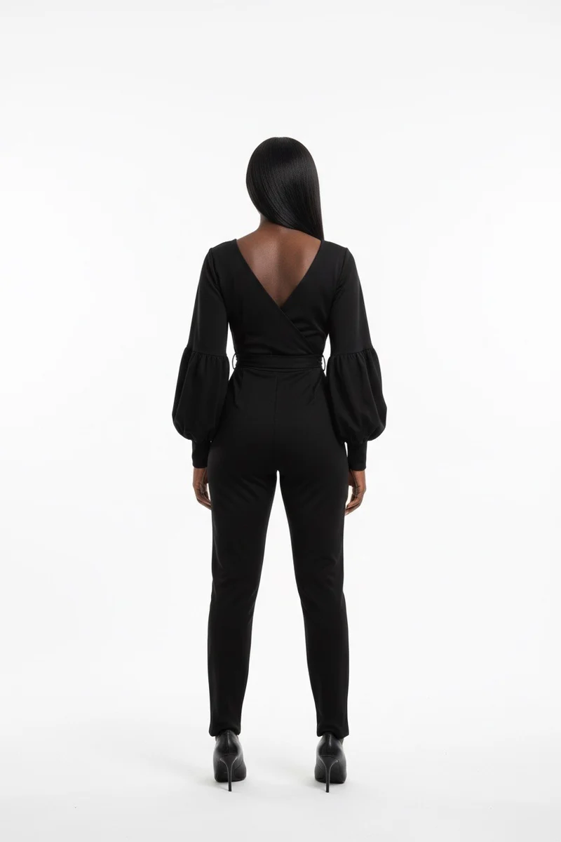 Stylish Sisters V-Neck Long Sleeve Belted Jumpsuit - Black