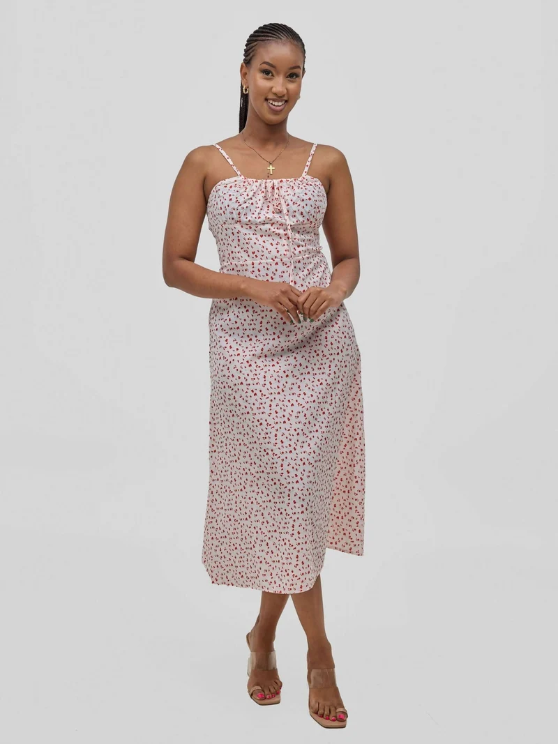 Hessed Flower Print Midi Sleeveless Dress - White