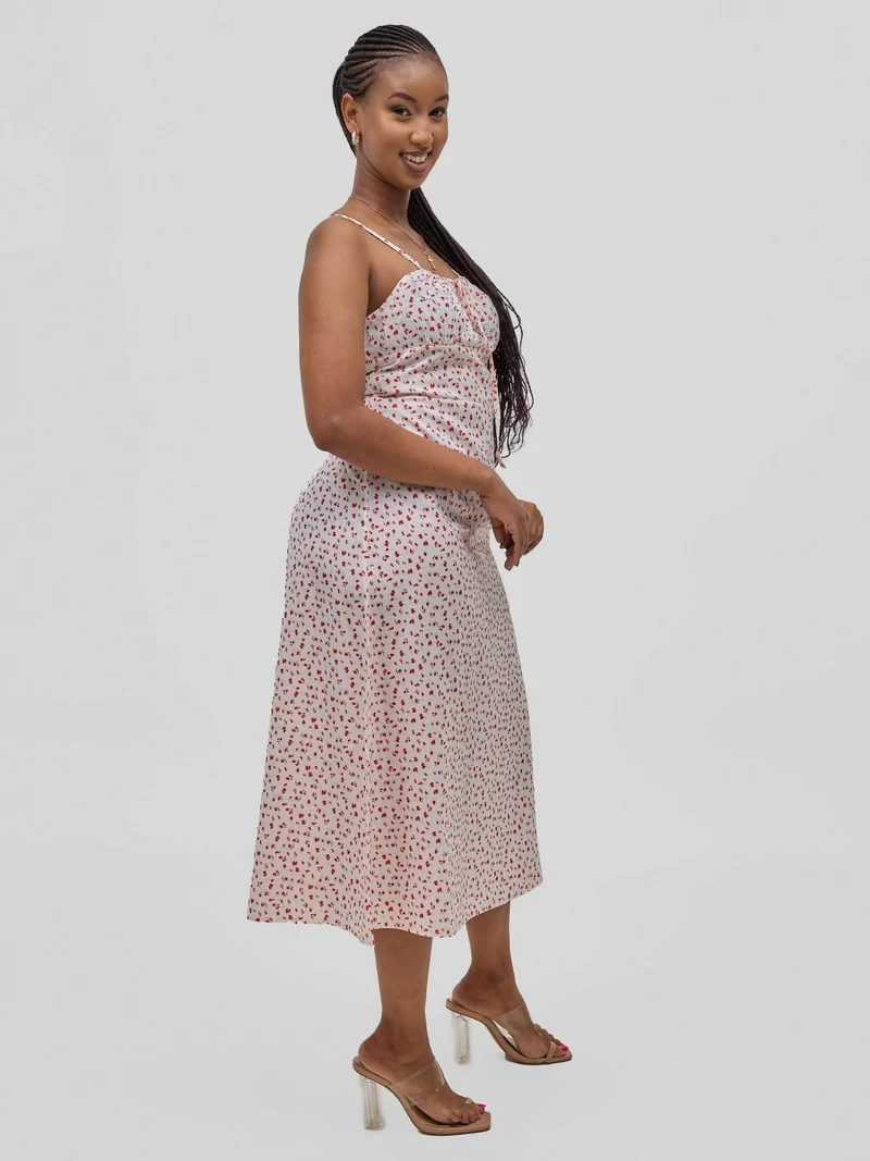 Hessed Flower Print Midi Sleeveless Dress - White