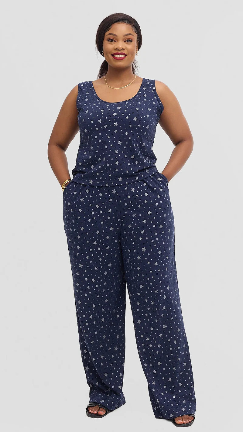 Inroses Star Luxe Lounge Wear-Two Piece Set - Navy Blue
