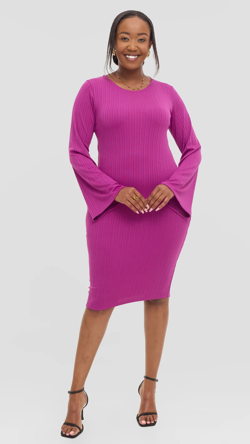 Vivo Studio Bell Sleeve Bodycon in Stretch Rib - Dark Fuschia