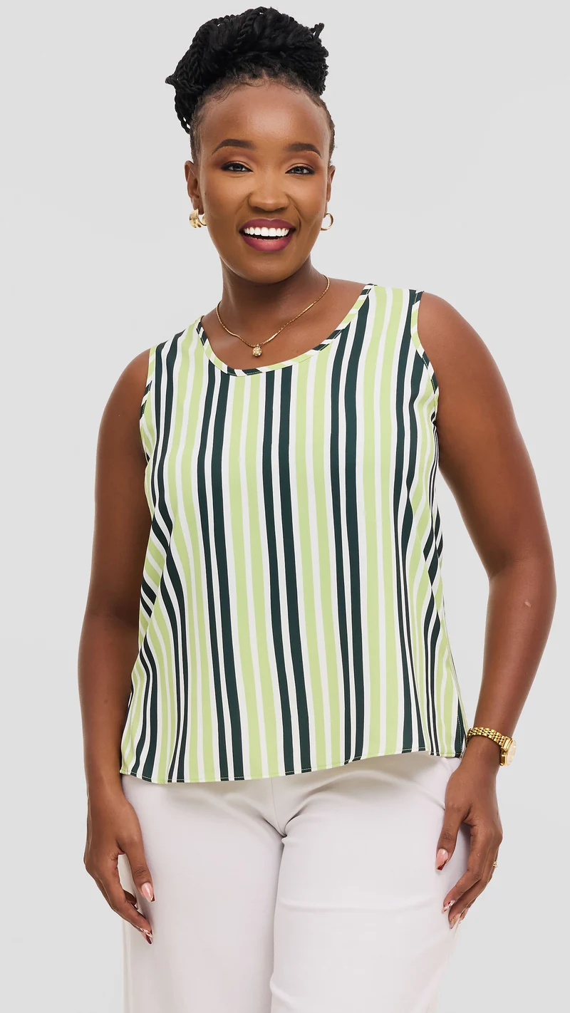 Vivo Liora Scooped Neck Tank Top in Crepe - Dark Green / Lime Yani Print