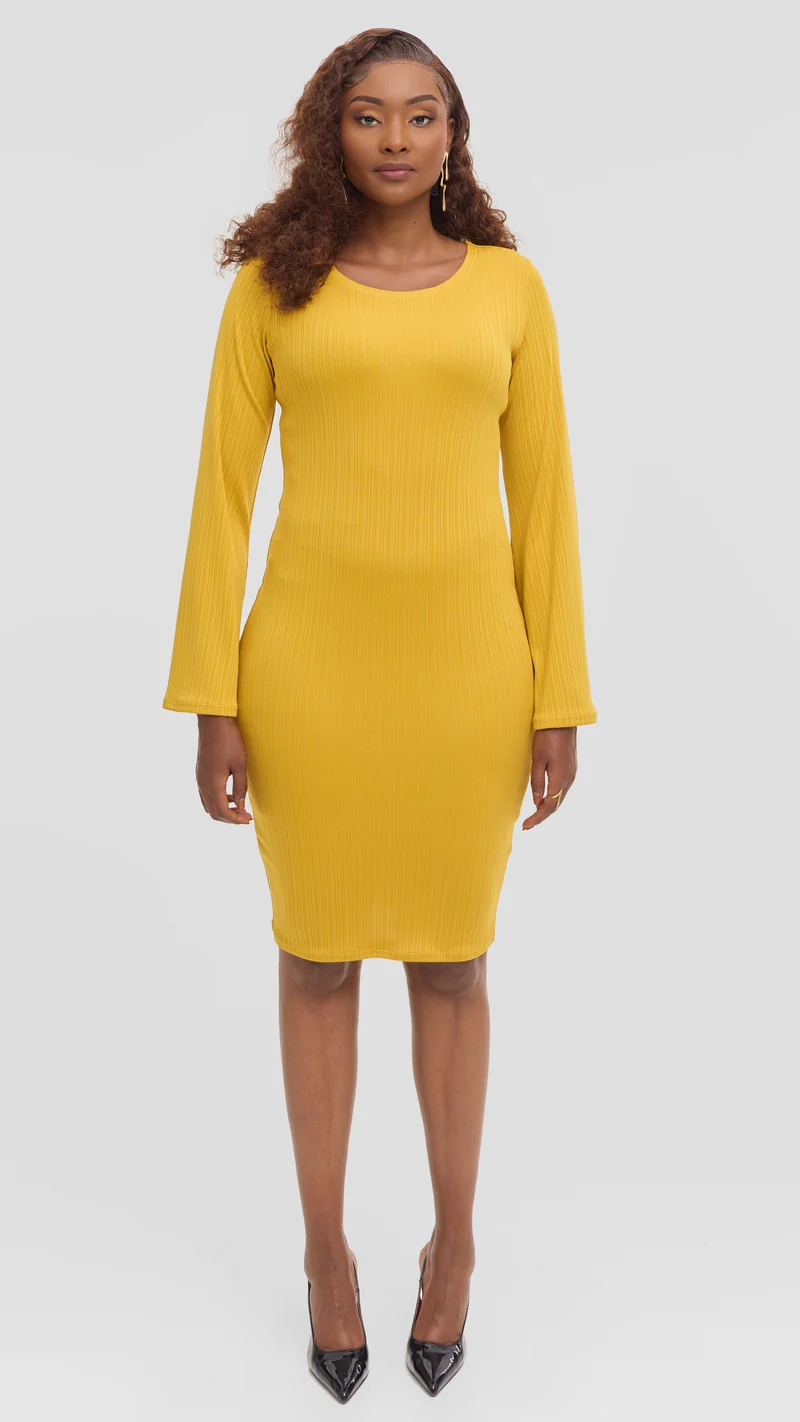 Vivo Studio Bell Sleeve Bodycon in Stretch Rib - Mustard