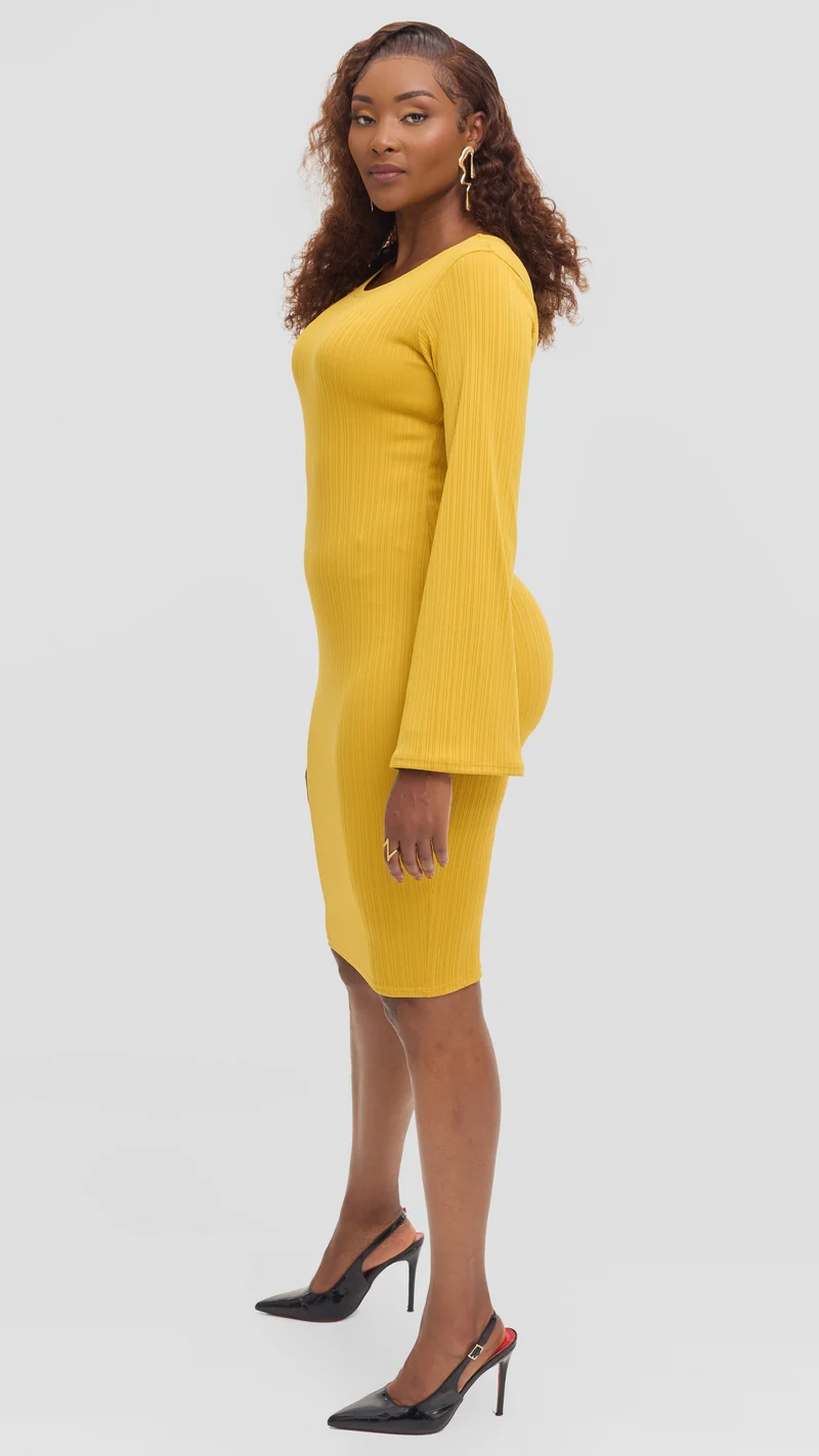 Vivo Studio Bell Sleeve Bodycon in Stretch Rib - Mustard