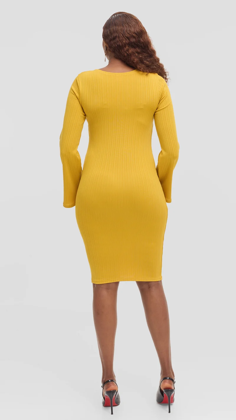 Vivo Studio Bell Sleeve Bodycon in Stretch Rib - Mustard