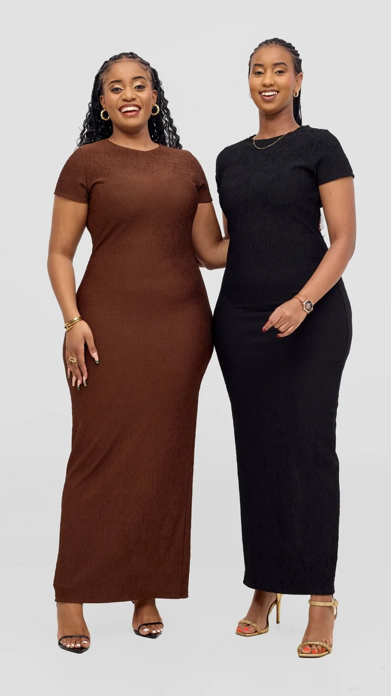 Vivo Kaisa Short Sleeve Maxi Bodycon In Polyester Stretch - Chocolate