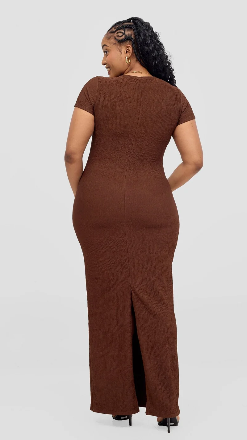 Vivo Kaisa Short Sleeve Maxi Bodycon In Polyester Stretch - Chocolate