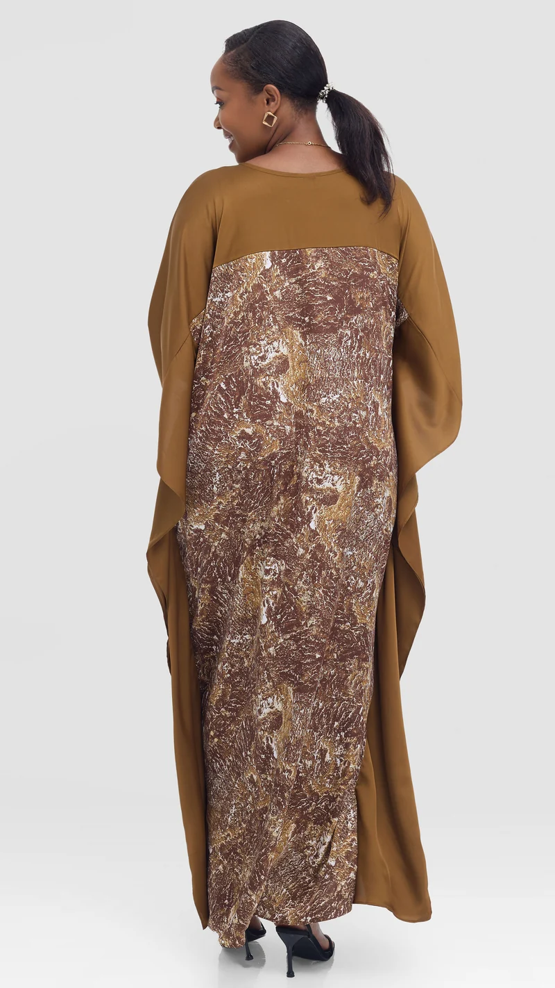 Vivo Keza Satin Border Maxi Kaftan - Brown / Cream Abstract Print