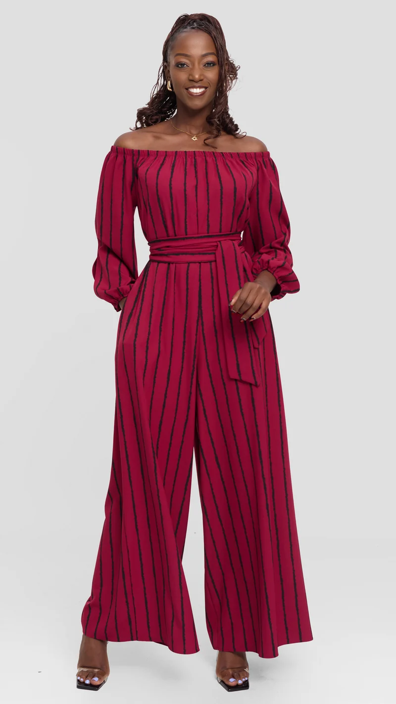 Vivo Yumi Off Shoulder Jumpsuit In Crepe - Maroon / Black Print