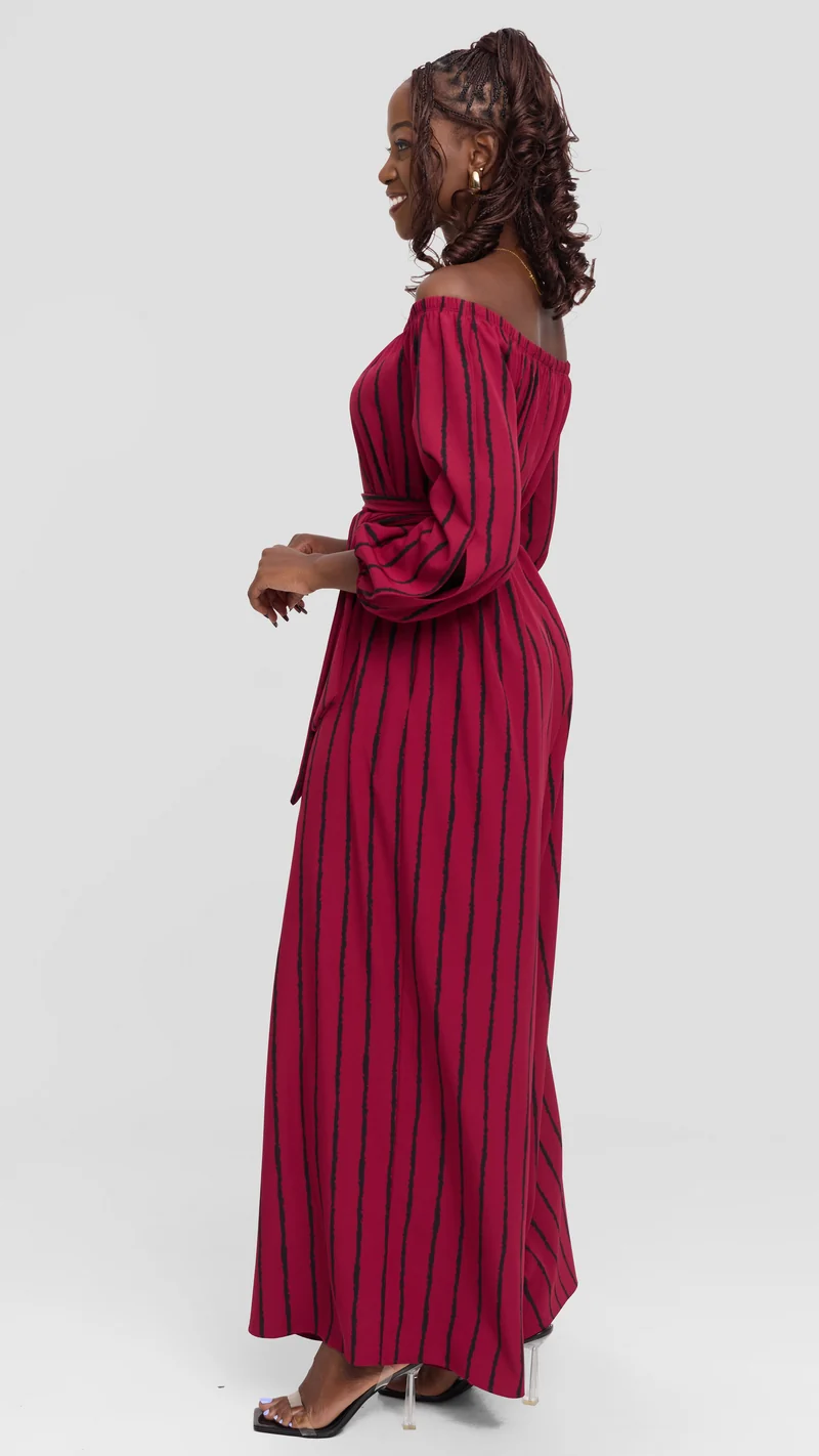 Vivo Yumi Off Shoulder Jumpsuit In Crepe - Maroon / Black Print