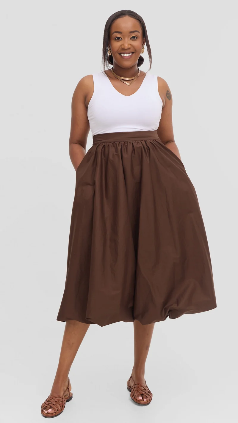 Safari Solana Bubble Midi Skirt in Cotton - Chocolate