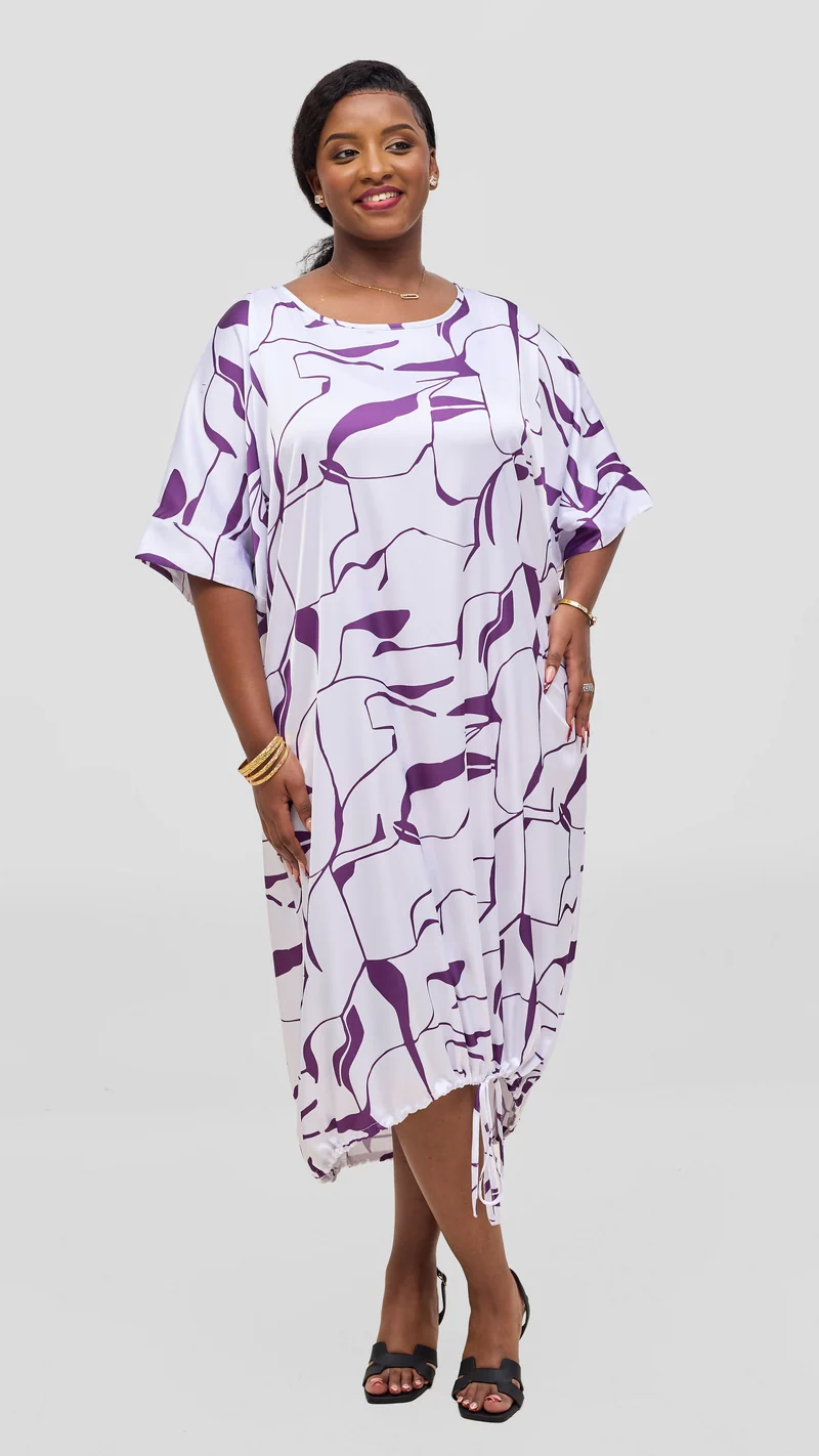 Vivo Liora Drawstring Midi Dress - White / Purple Ziza Print
