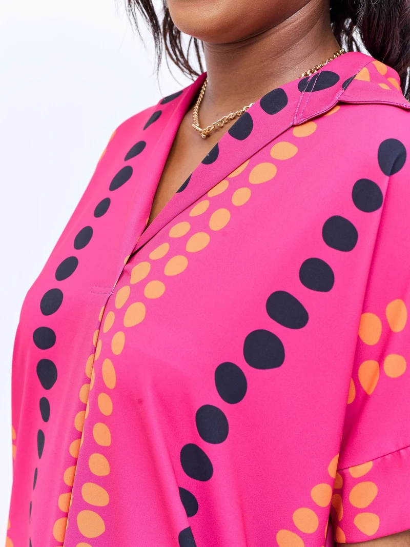 Vivo Reba Drop Shoulder Shirt Dress - Hot Pink / Black Deka Print