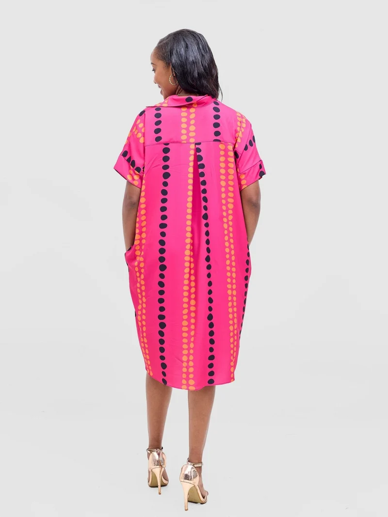 Vivo Reba Drop Shoulder Shirt Dress - Hot Pink / Black Deka Print