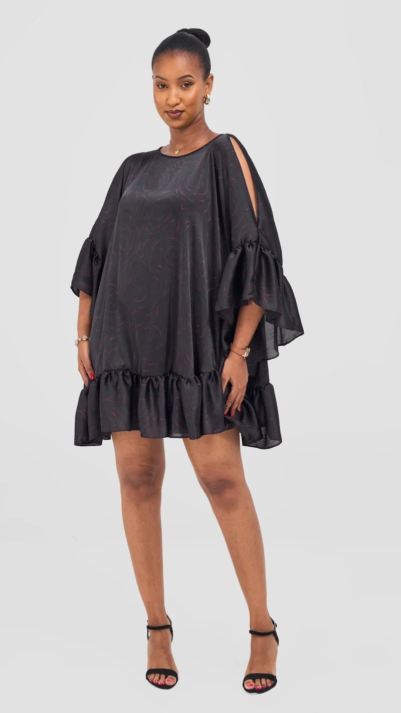 Vivo Chidii Tunic Dress With Frills - Black / Burgundy Print