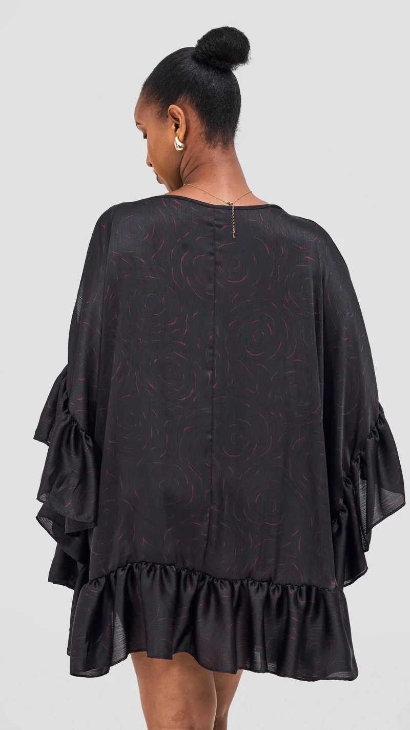 Vivo Chidii Tunic Dress With Frills - Black / Burgundy Print