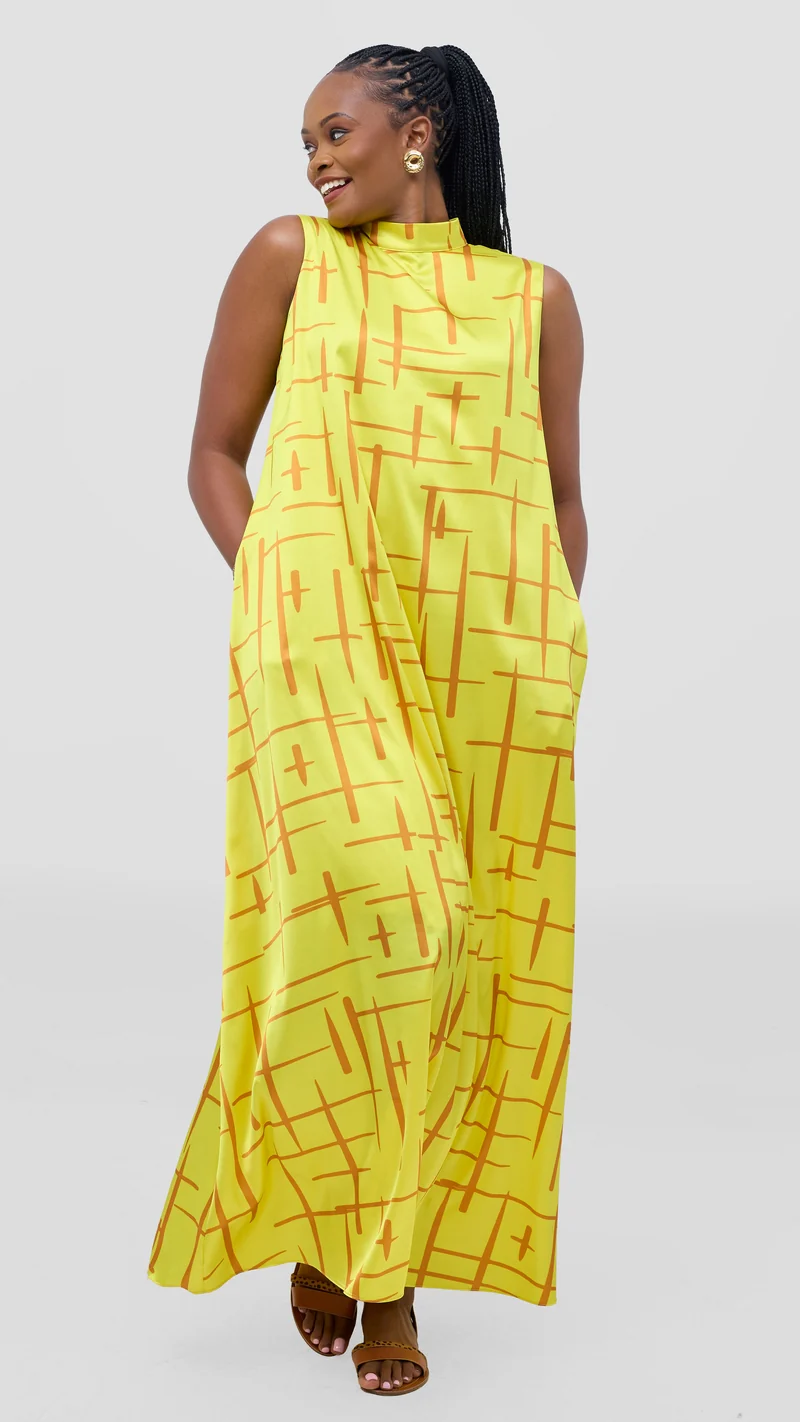 Vivo Thando Mock Neck Maxi Dress - Yellow / Rust Aria Print